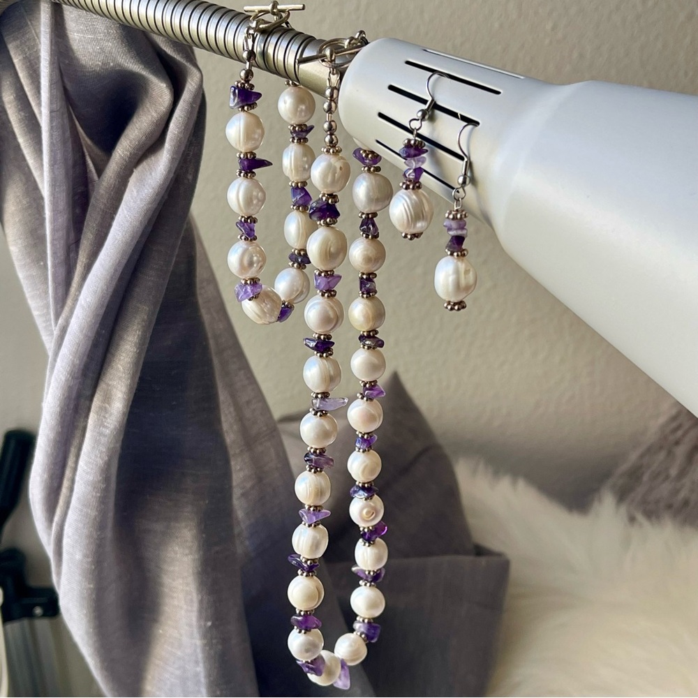 Freshwater Pearls Amethyst Silver Tone Earrings Bracelet Necklace Set